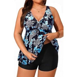 BOGO Plus Size Tankini Two Piece Tie Front Flowy with Shorts swimsuit